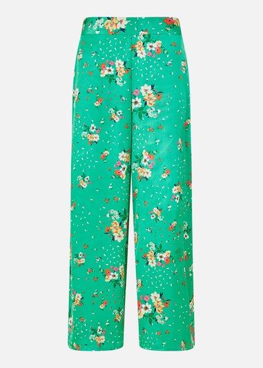 Yumi Green Floral Satin Wide Leg Trousers