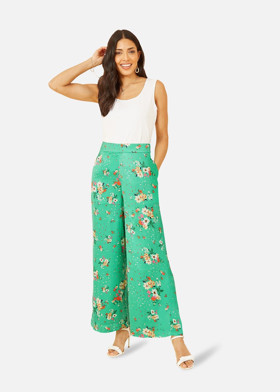 Yumi Green Floral Satin Wide Leg Trousers