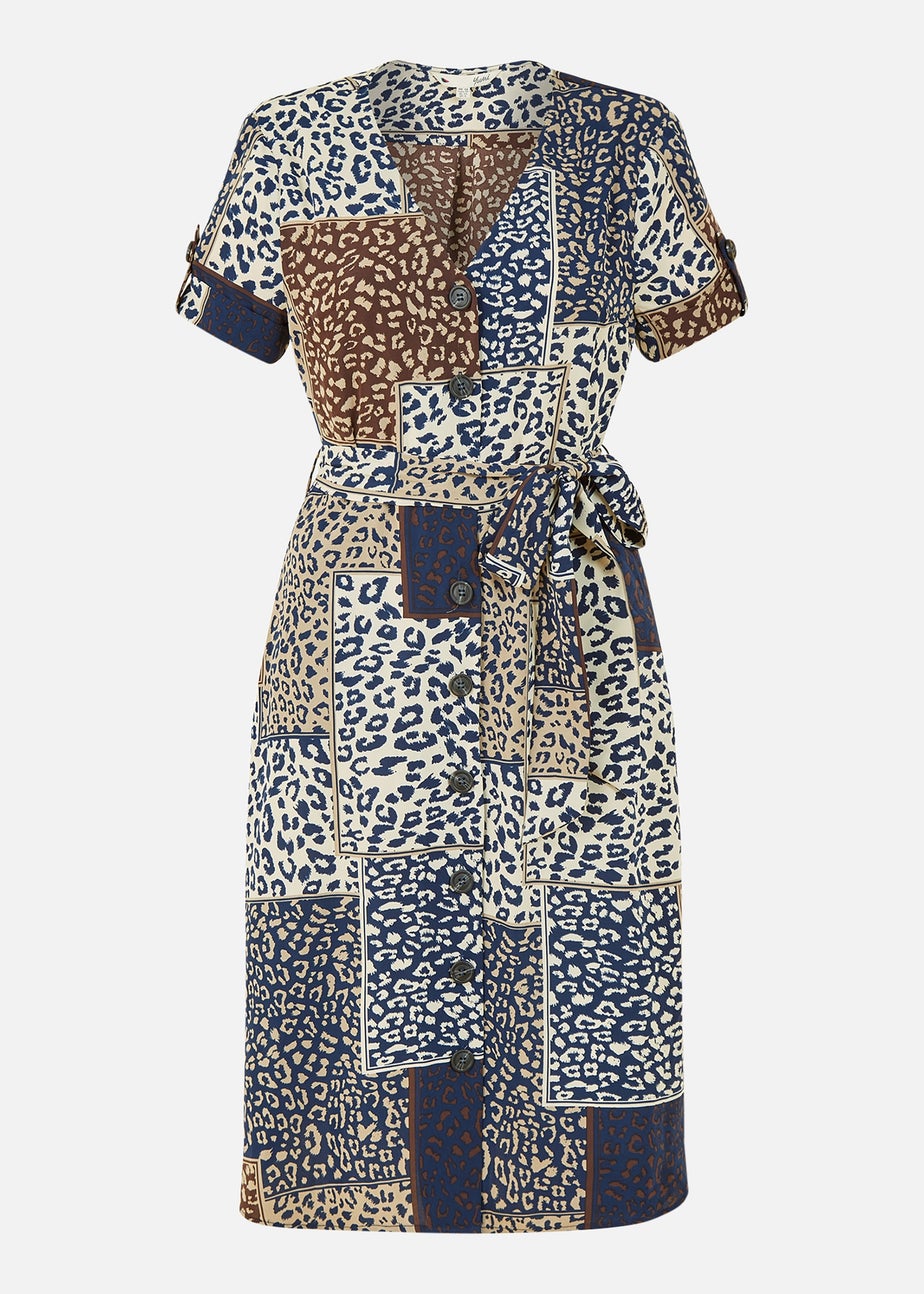 Yumi Navy Patchwork Animal Print Shirt Dress