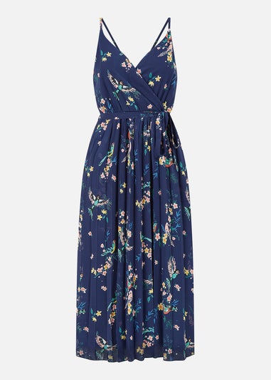 Yumi Navy Botanical Bird Print Strappy Midi Dress