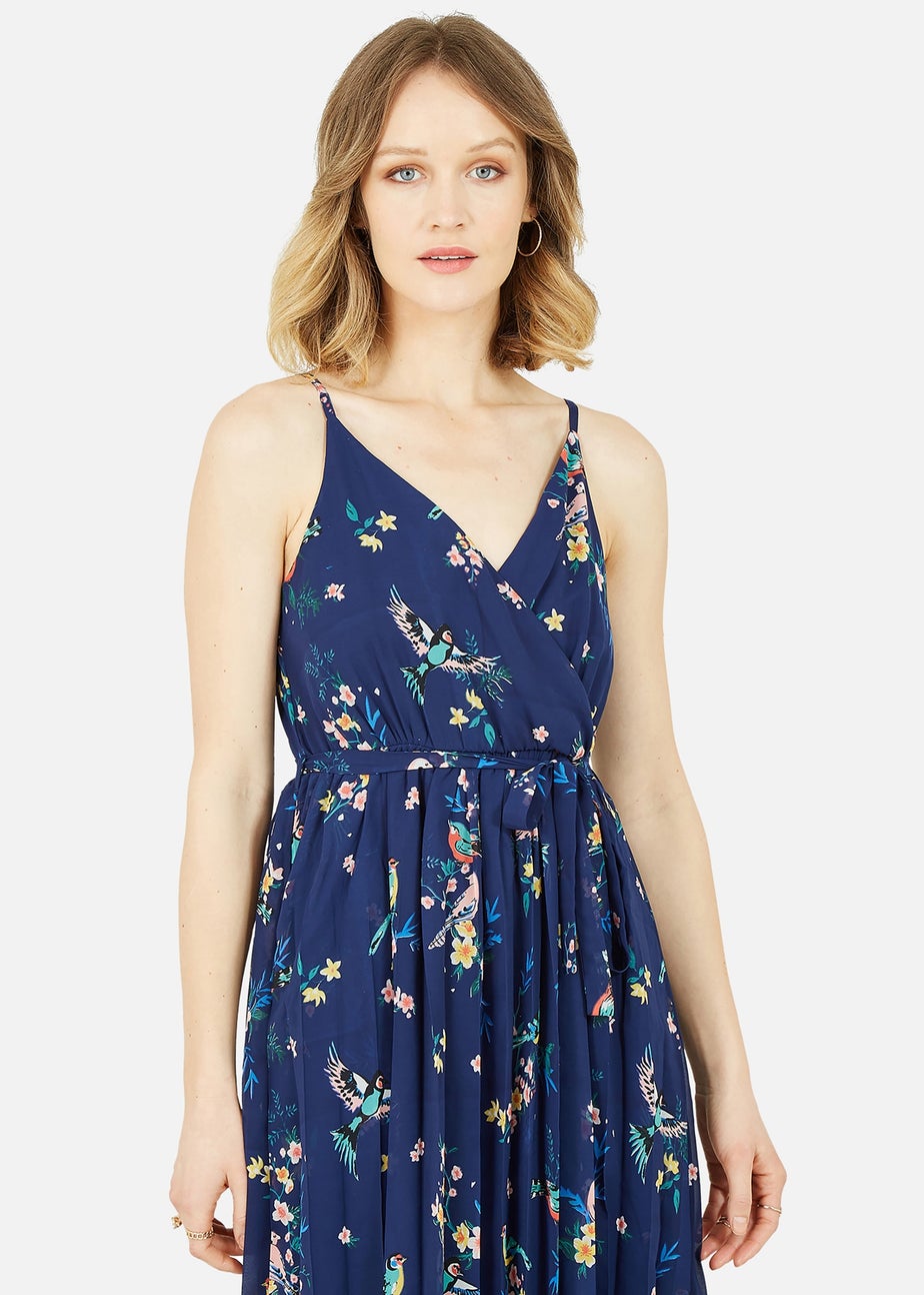 Yumi Navy Botanical Bird Print Strappy Midi Dress