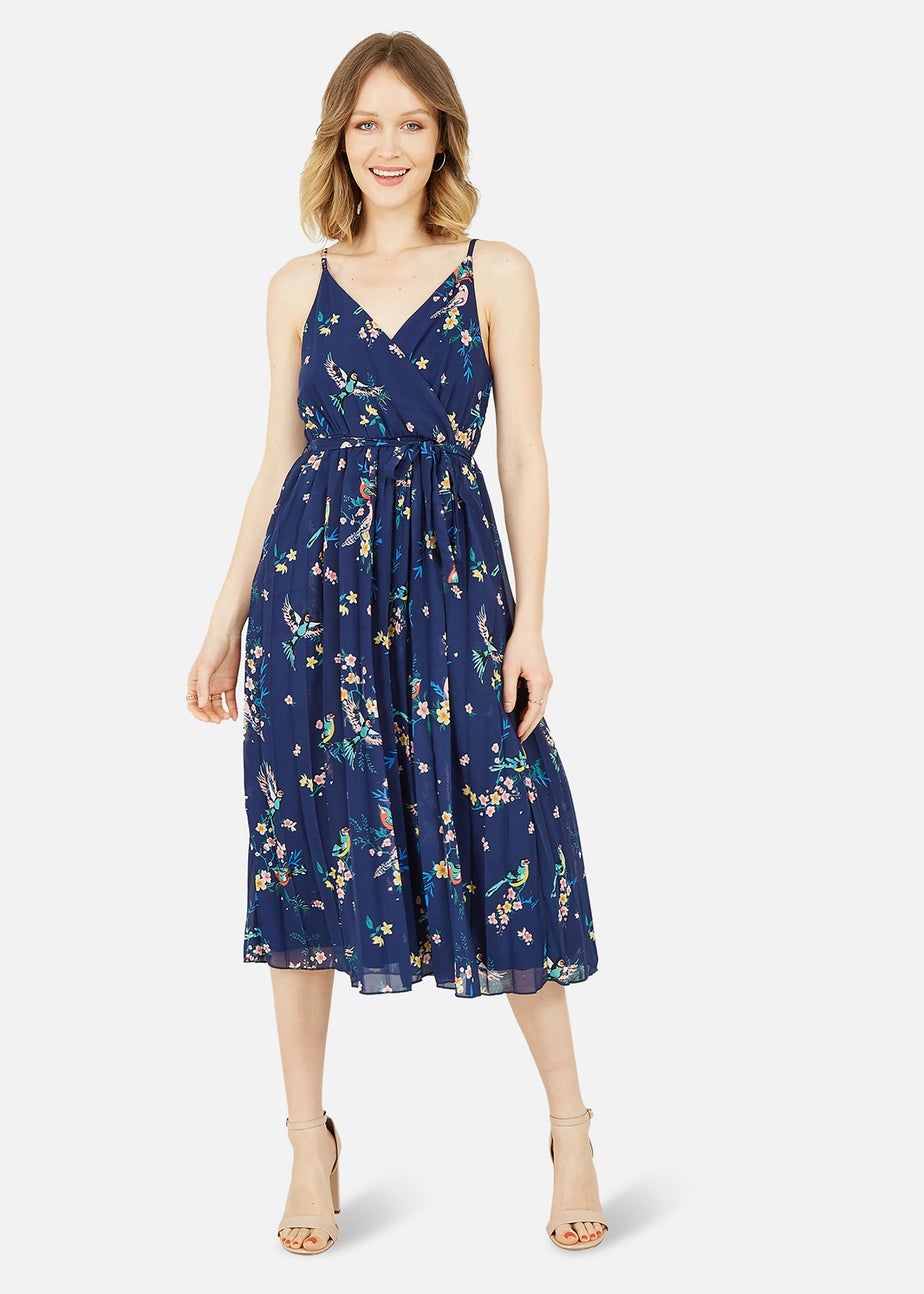 Yumi Navy Botanical Bird Print Strappy Midi Dress