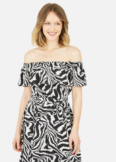 Yumi Black Zebra Print Bardot Dress