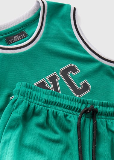 Boys Green Basketball Vest & Shorts Set (7-12yrs)
