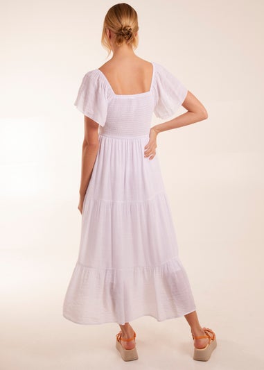 Blue Vanilla White Square Neck Flutter Sleeve Dress