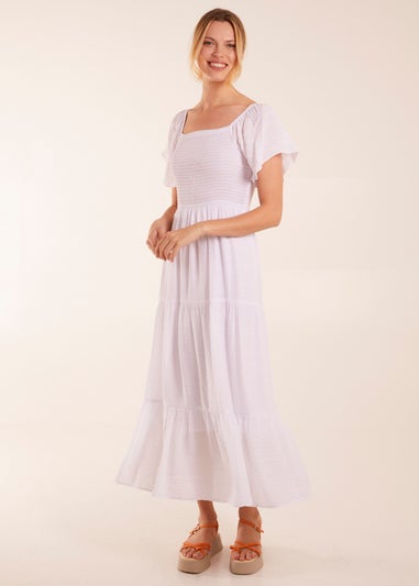 Blue Vanilla White Square Neck Flutter Sleeve Dress