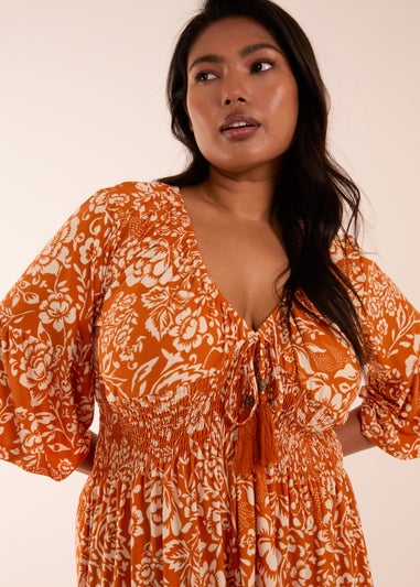 Blue Vanilla Curve Orange Elasticated V Neck Midi Dress