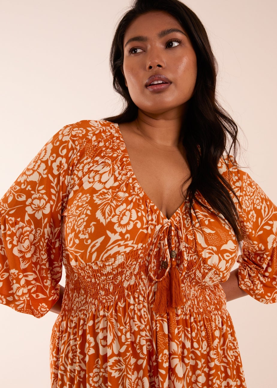 Blue Vanilla Curve Orange Elasticated V Neck Midi Dress