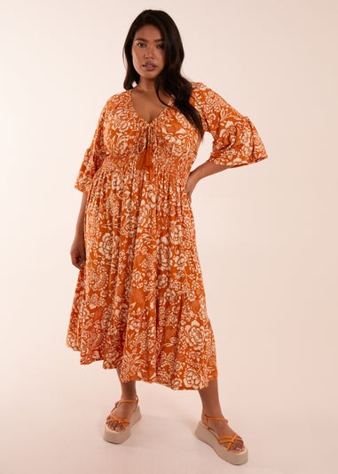 Blue Vanilla Curve Orange Elasticated V Neck Midi Dress