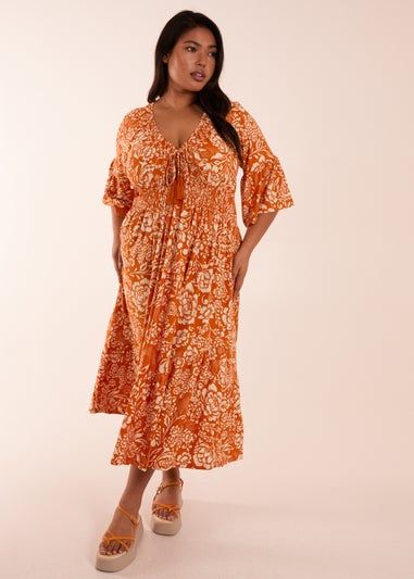 Blue Vanilla Curve Orange Elasticated V Neck Midi Dress