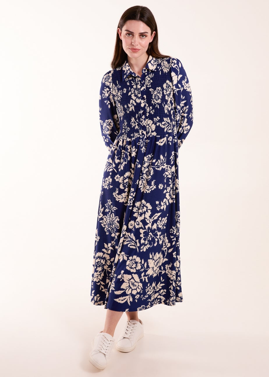 Blue Vanilla Navy Shirred Bust Long Sleeve Midi Dress
