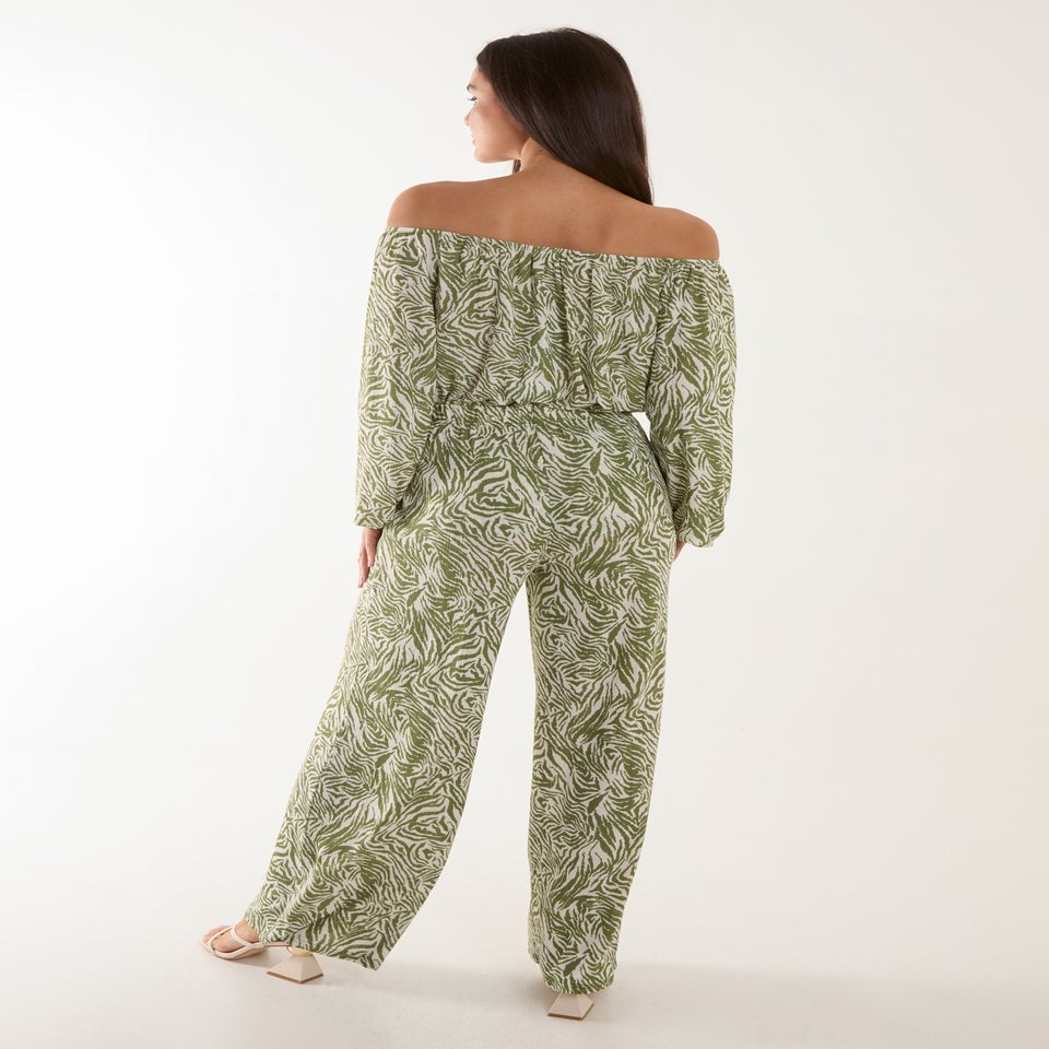 Blue Vanilla Green Off The Shoulder Top And Wide Leg Trouser Set