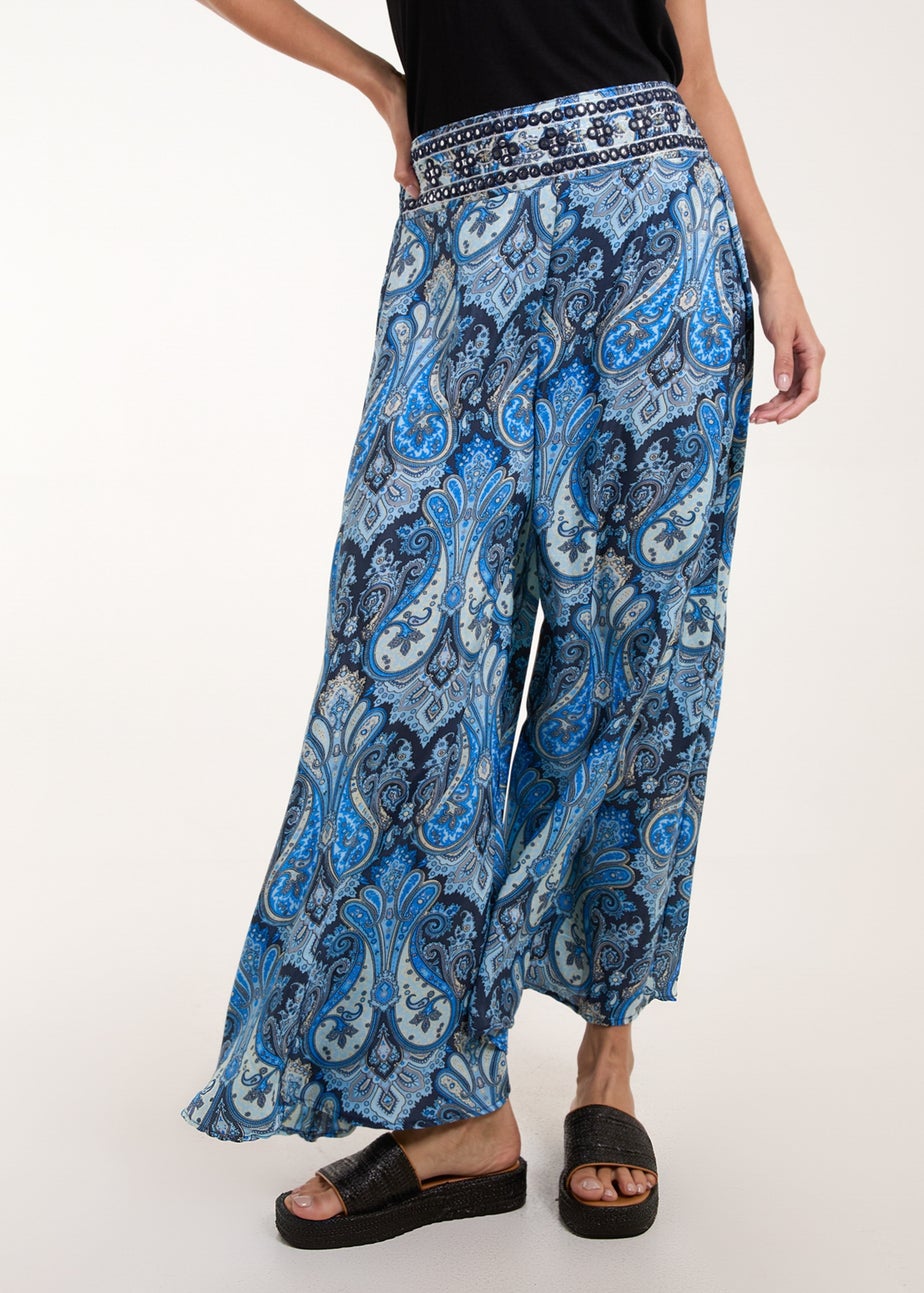 Blue Vanilla Navy Embellished Waist Wide Leg Trouser