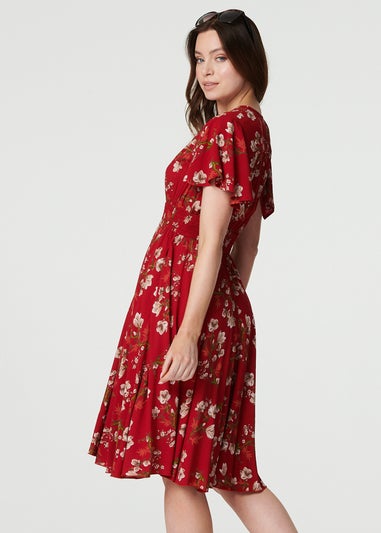 Izabel London Red Floral Angel Sleeve Short Dress