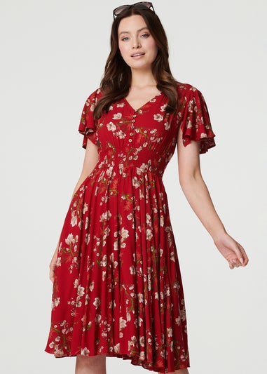 Izabel London Red Floral Angel Sleeve Short Dress