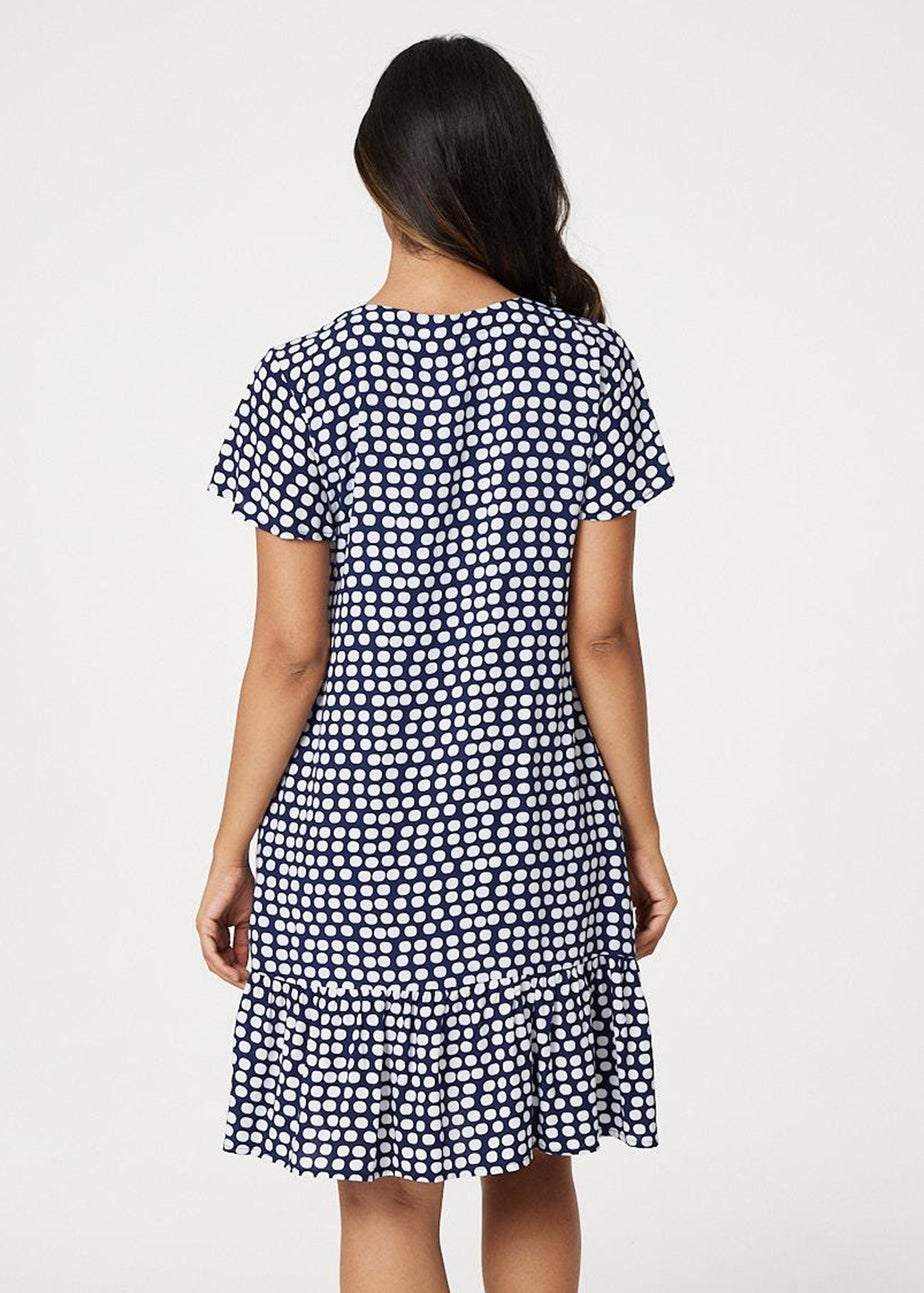 Izabel London Navy Spotty V-Neck Button Front Dress