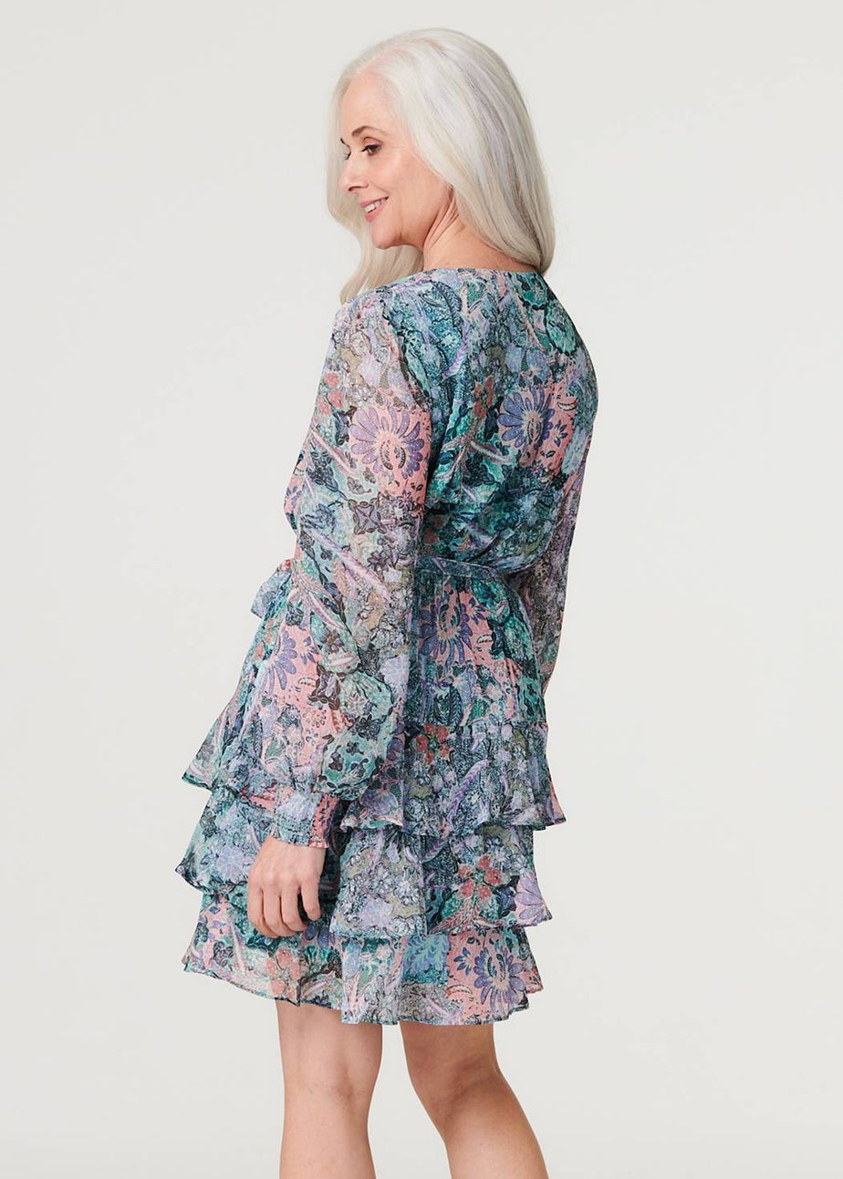 Izabel London Green Printed Layered Hem Short Dress