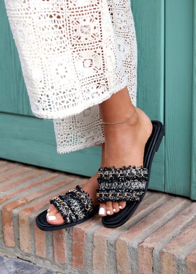 Linzi Lola Black Faux Leather Frayed Detail Sandals