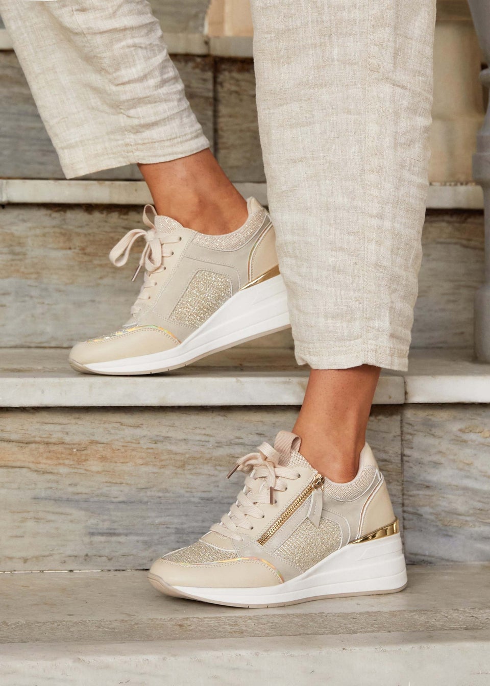 Linzi Everett Gold & Nude Wedged Trainers