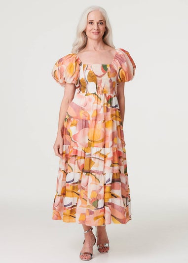 Izabel London Coral Printed Puff Sleeve Maxi Dress