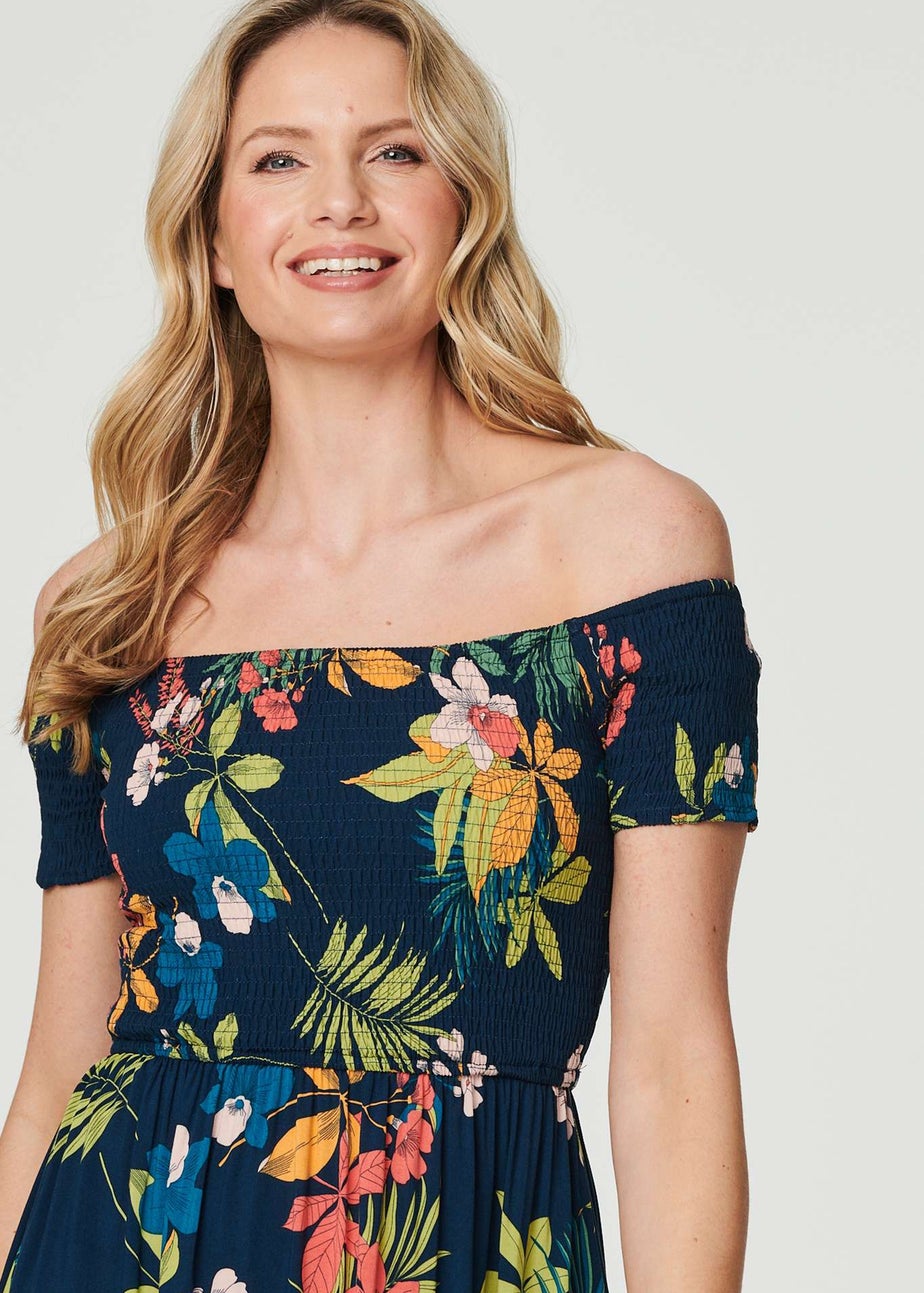 Izabel London Navy Floral Bardot Side Split Maxi Dress