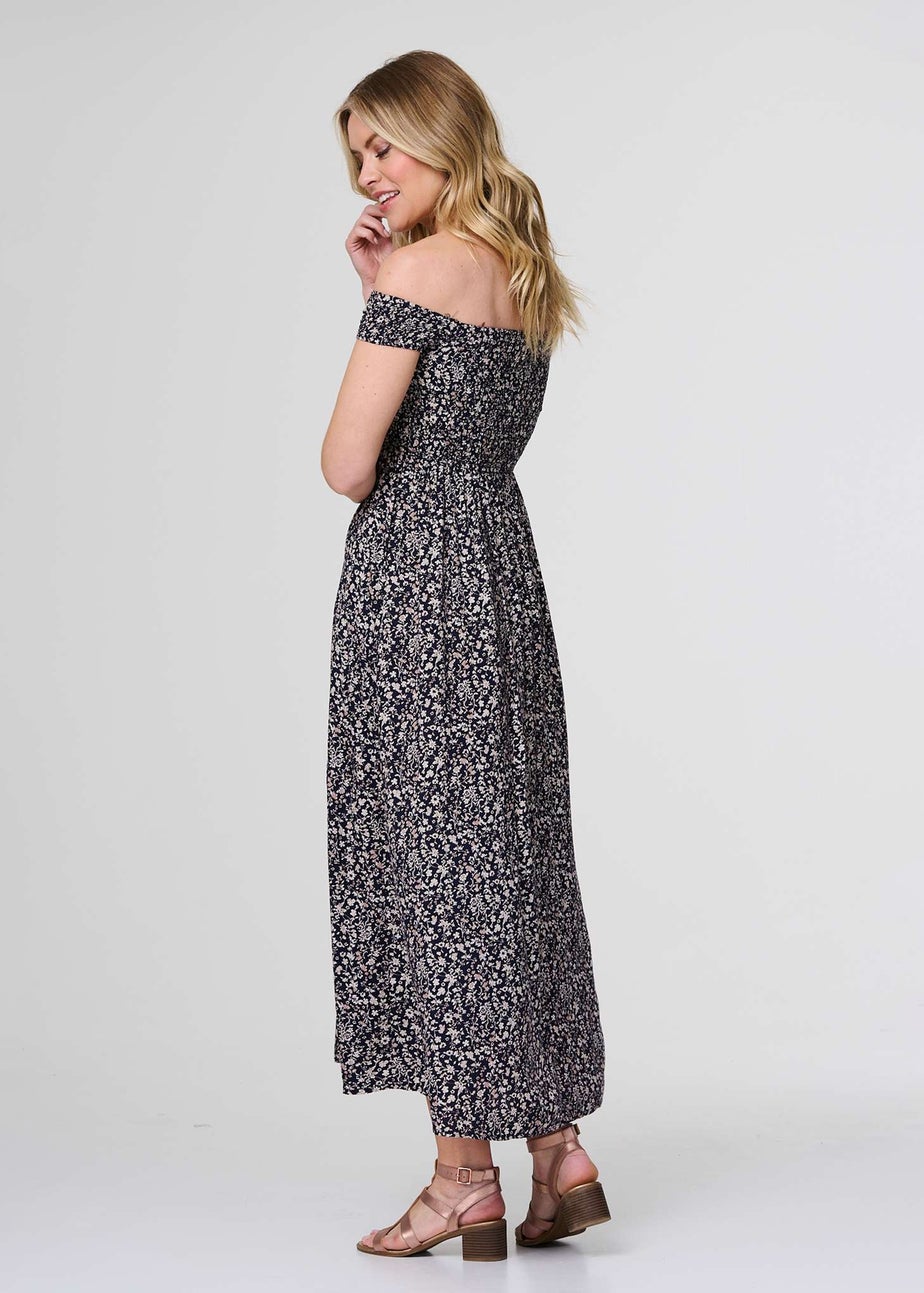 Izabel London Navy Ditsy Floral Bardot Smock Dress