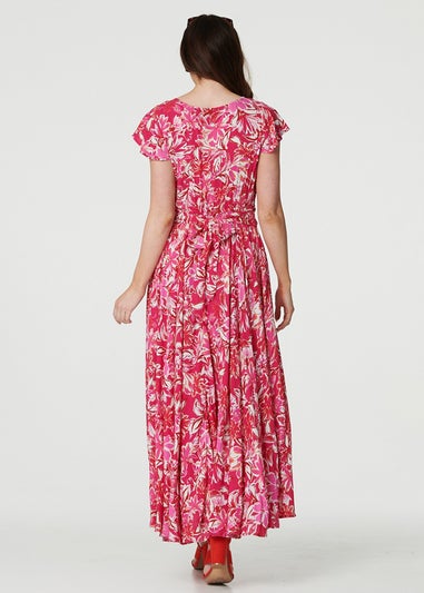Izabel London Pink Floral Ruched V-Neck Maxi Dress