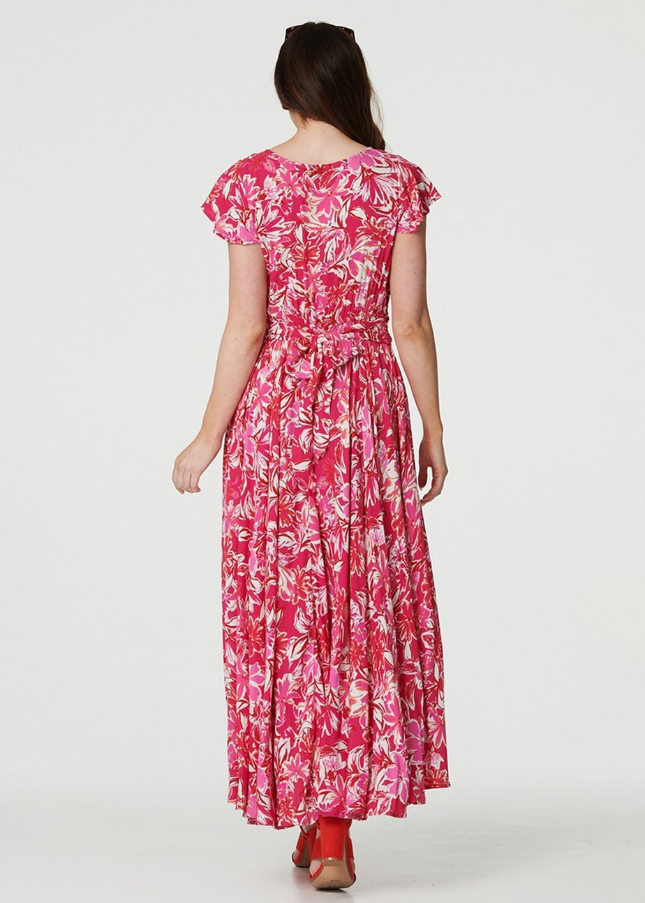 Izabel London Pink Floral Ruched V-Neck Maxi Dress
