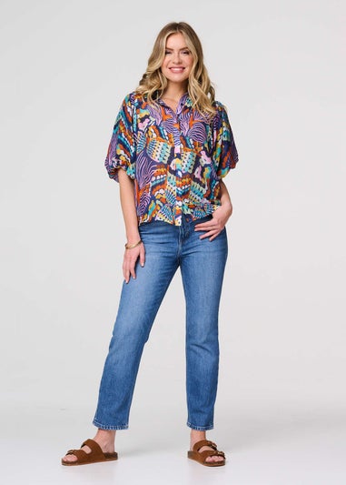 Izabel London Blue Abstract Puff 1/2 Sleeve Shirt