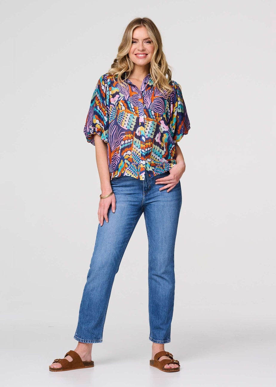 Izabel London Blue Abstract Puff 1/2 Sleeve Shirt