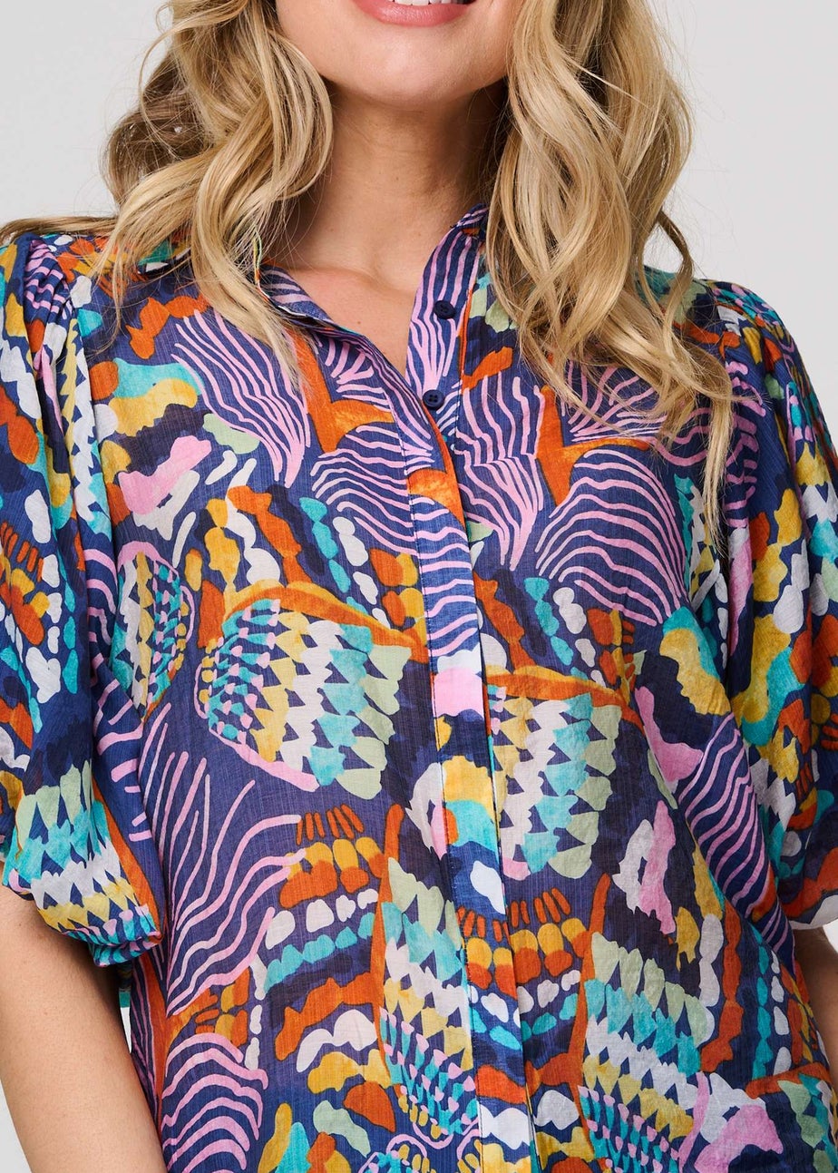 Izabel London Blue Abstract Puff 1/2 Sleeve Shirt