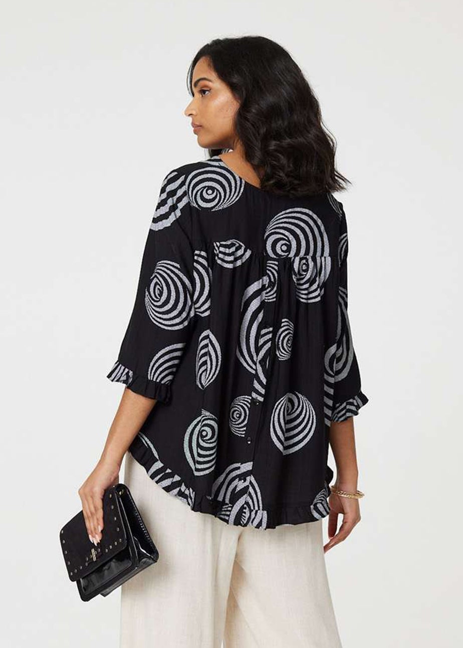 Izabel London Black Abstract Print Frill Hem Tunic Top