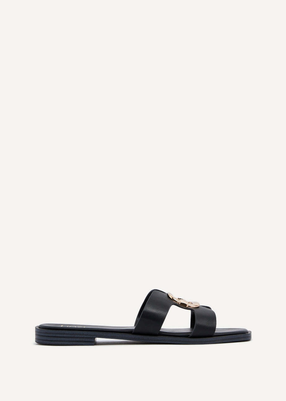 Linzi Vida Black Faux Leather Flat Sandal