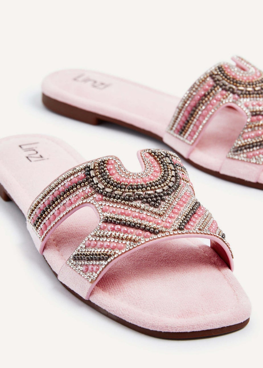 Linzi Indira Baby Pink Suede Aztec Design Embellished Slider Sandal