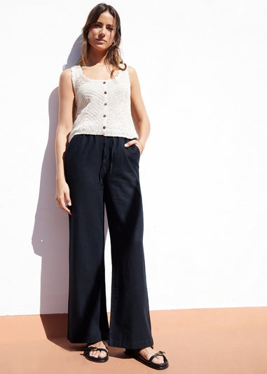 Threadbare Black Linen Blend Lake Wide Leg Trousers