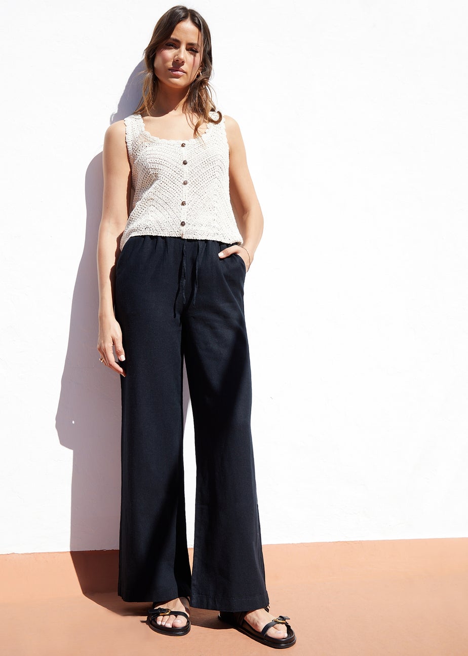 Threadbare Black Linen Blend Lake Wide Leg Trousers