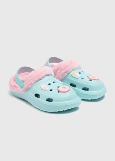 Girls Blue Fur Lined Badge Clogs (Younger 10-Older 5)