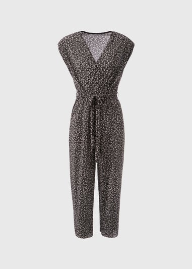 Black Daisy Print Plisse Jumpsuit