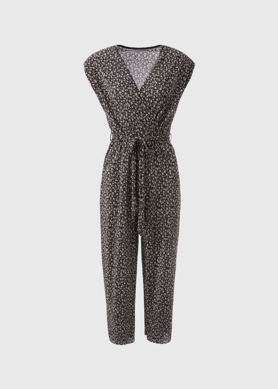 Black Daisy Print Plisse Jumpsuit