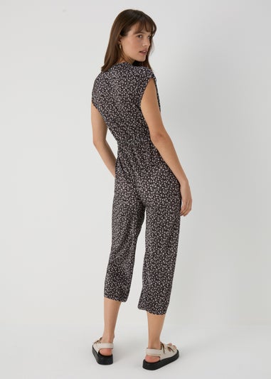 Black Daisy Print Plisse Jumpsuit