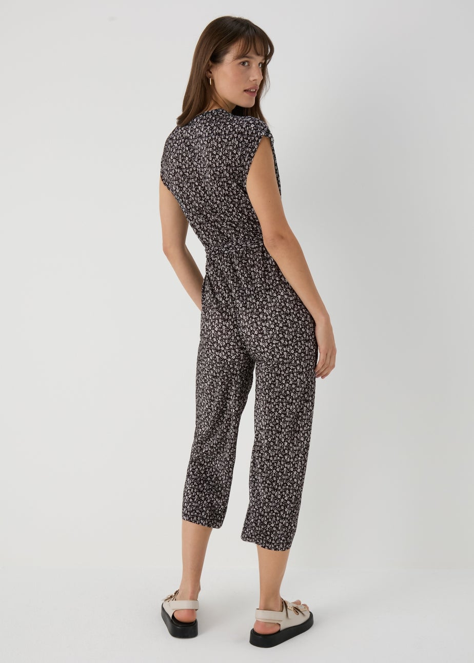Black Daisy Print Plisse Jumpsuit