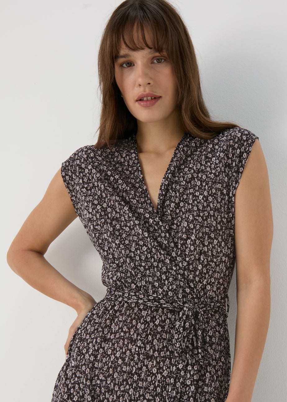 Black Daisy Print Plisse Jumpsuit
