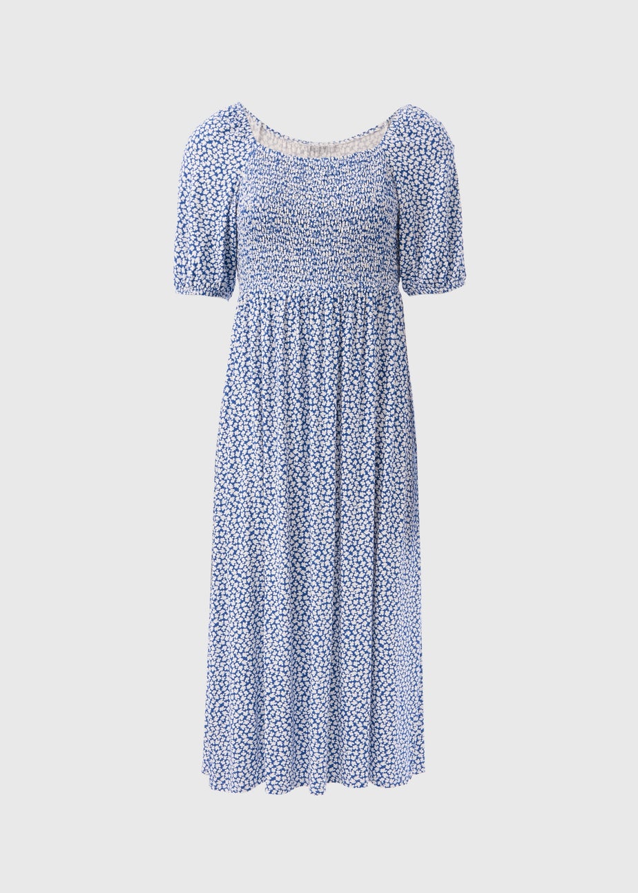 Navy Floral Square Neck Shirred Midi Dress