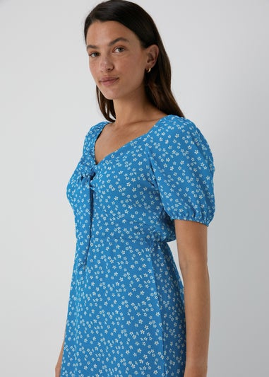 Blue Floral Tie Front Midi Dress