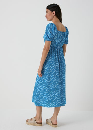 Blue Floral Tie Front Midi Dress