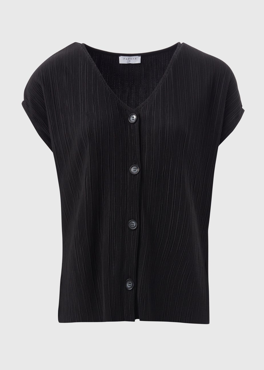 Black Plisse Button V-Neck T-Shirt