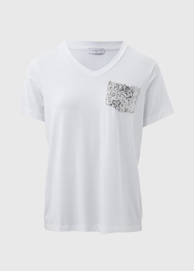 White Sequin Pocket T Shirt