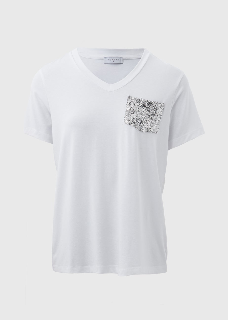 White Sequin Pocket T Shirt