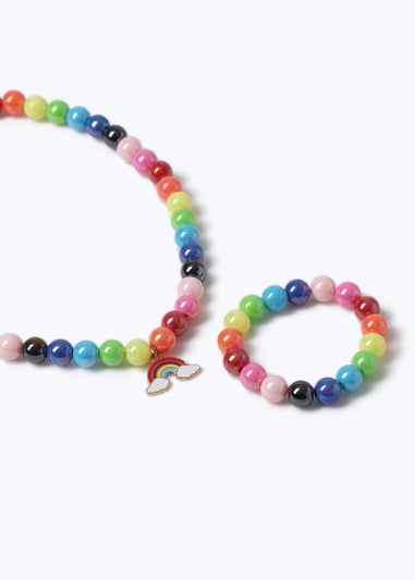 Multicoloured Rainbow Beaded Necklace and Bracelet Set