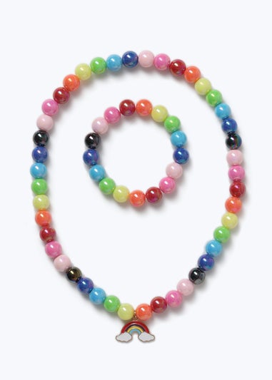 Multicoloured Rainbow Beaded Necklace and Bracelet Set